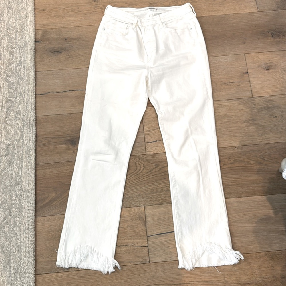 Jonathan Simkhai standard white denim jean with fringe at front ankle